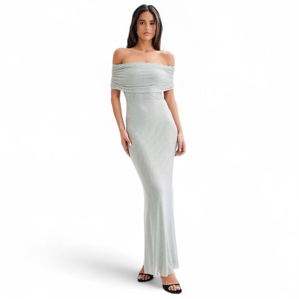 Meshki Off-Shoulder Maxi Dress in Silver Sequin Size XS